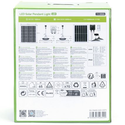 Aigostar - Lustre solaire LED 2xLED/70W/12V 12000 mAh 6500K IP65 Ø 23,5 cm + télécommande