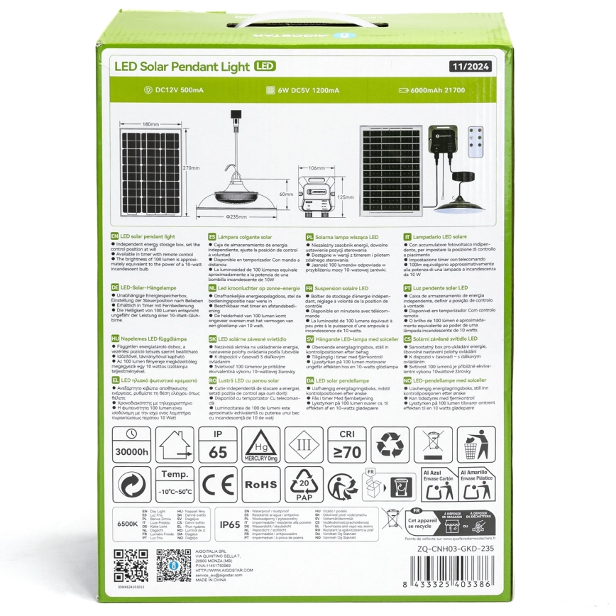 Aigostar - Lustre solaire LED/70W/12V 6000 mAh 6500K IP65 Ø 23,5 cm + télécommande
