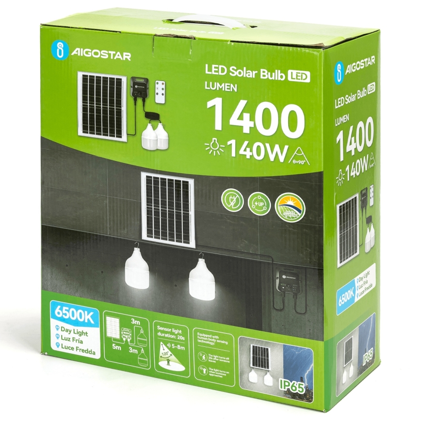 Aigostar - Luminaire solaire LED avec capteur, 2×LED, 70 W, 12 V, batterie 12 000 mAh, 6500 K, IP65, Ø 12 cm + télécommande