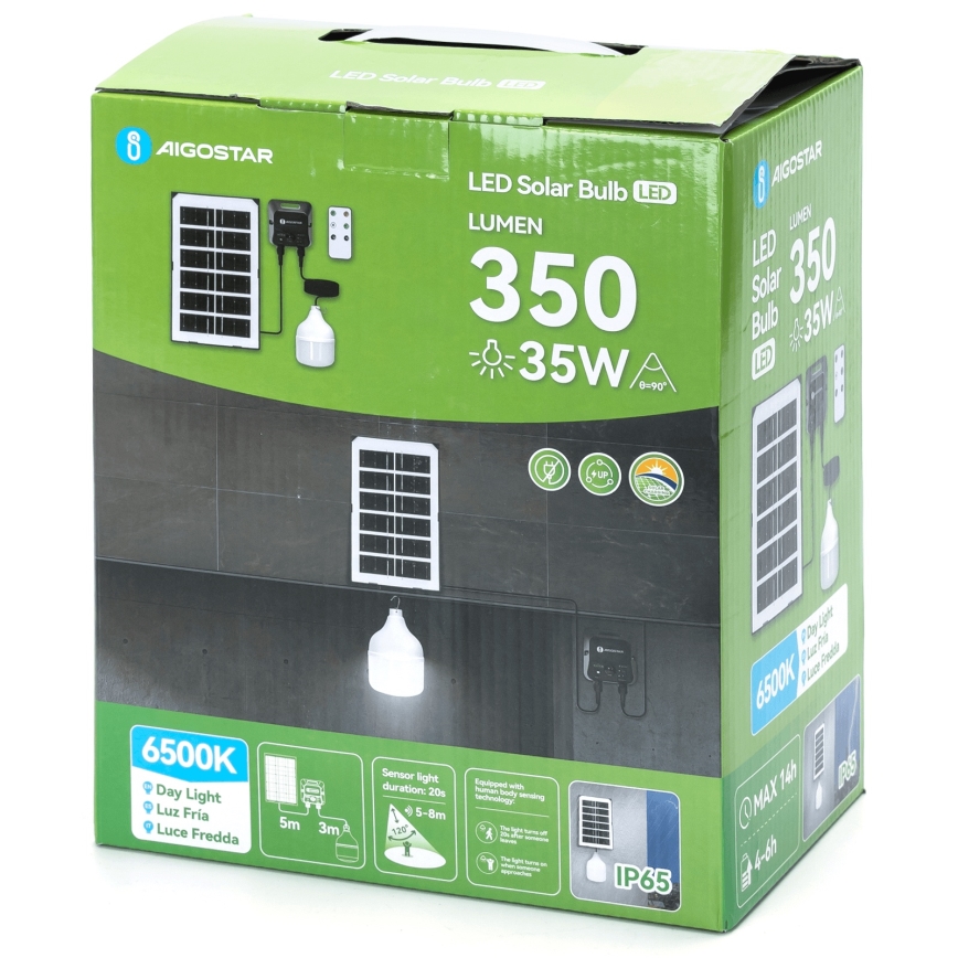 Aigostar - Lustre solaire LED avec capteur, 35W/12V, 3000 mAh, 6500K, IP65, Ø 10 cm + télécommande