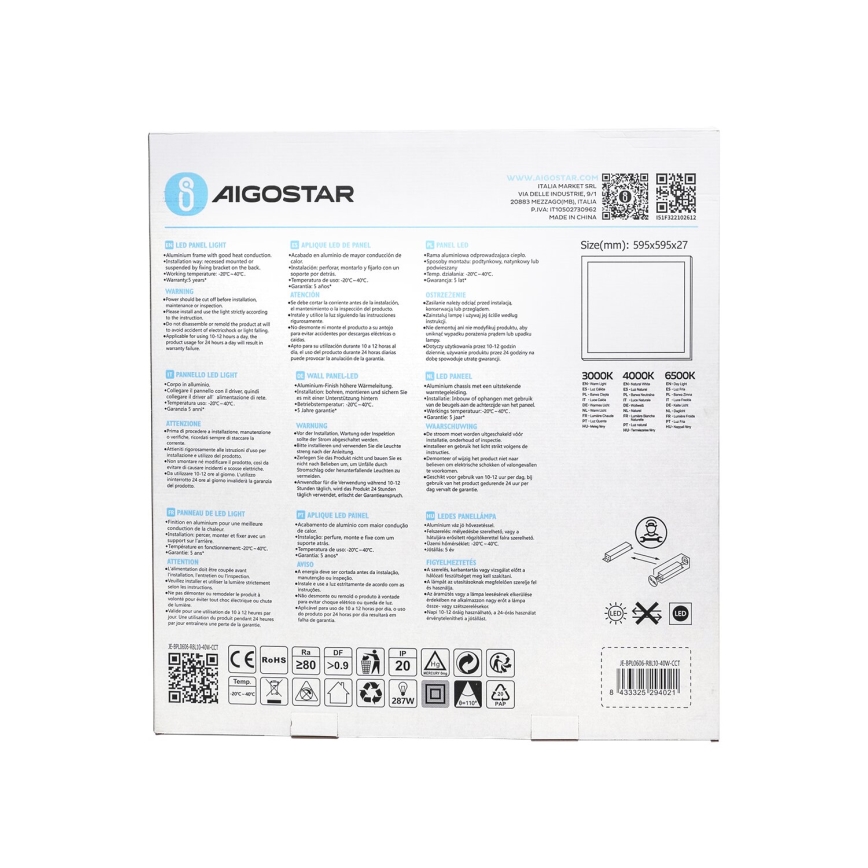 Aigostar - Panneau encastrable LED/40W/230V 3000K/4000K/6500K 60x60cm blanc