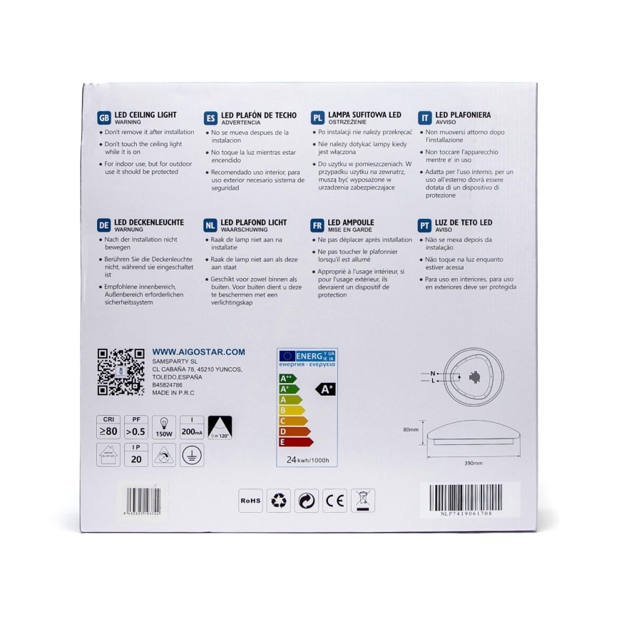 Aigostar - Plafonnier avec un détecteur LED/24W/230V 3000K