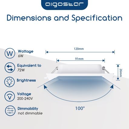 Aigostar - Plafonnier encastré LED/6W/230V 6500K 12x12 cm blanc