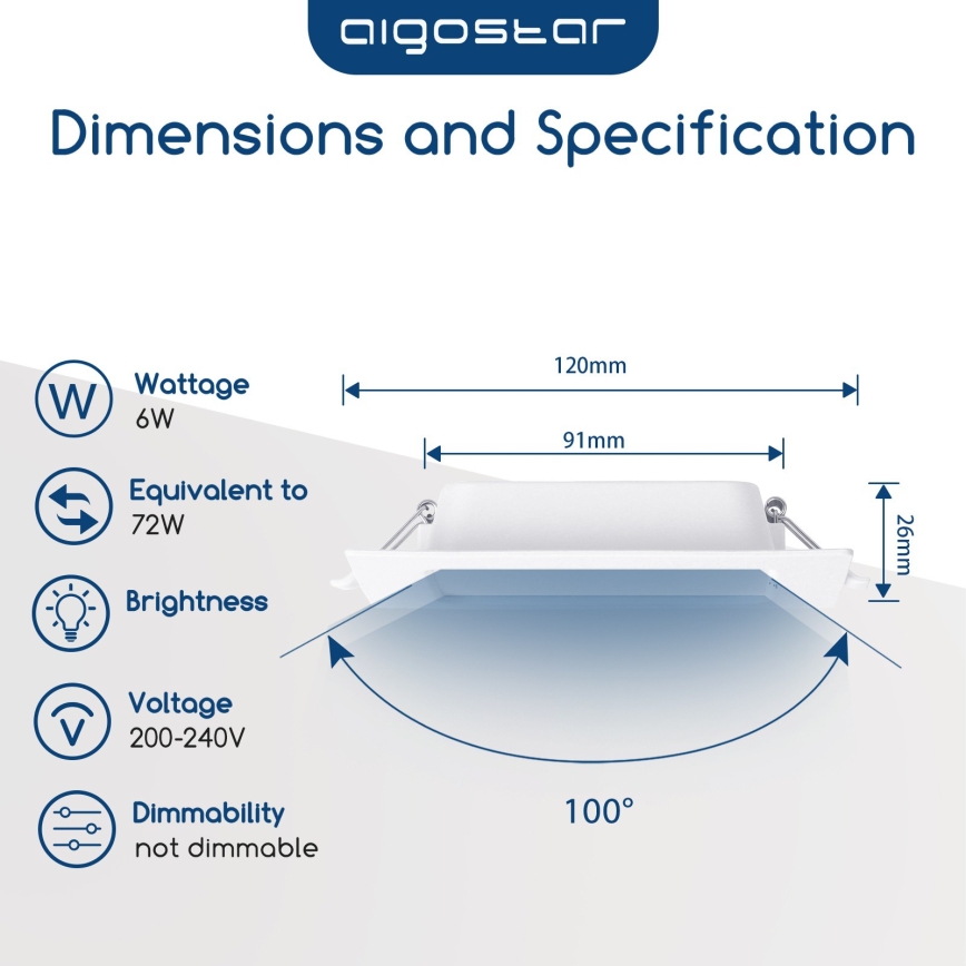 Aigostar - Plafonnier encastré LED/6W/230V 6500K 12x12 cm blanc