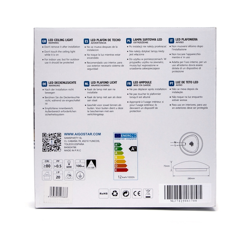Aigostar - Plafonnier LED 12 W/230 V 3000 K Ø 28 cm