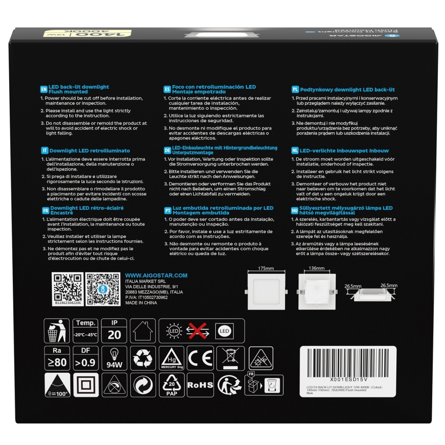 Aigostar - Plafonnier LED 12W/230V 4000K 17,5x17,5 cm blanc