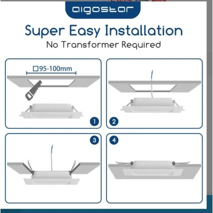 Aigostar - Plafonnier LED encastré 6 W, 230 V, 3000 K, 12 x 12 cm, blanc
