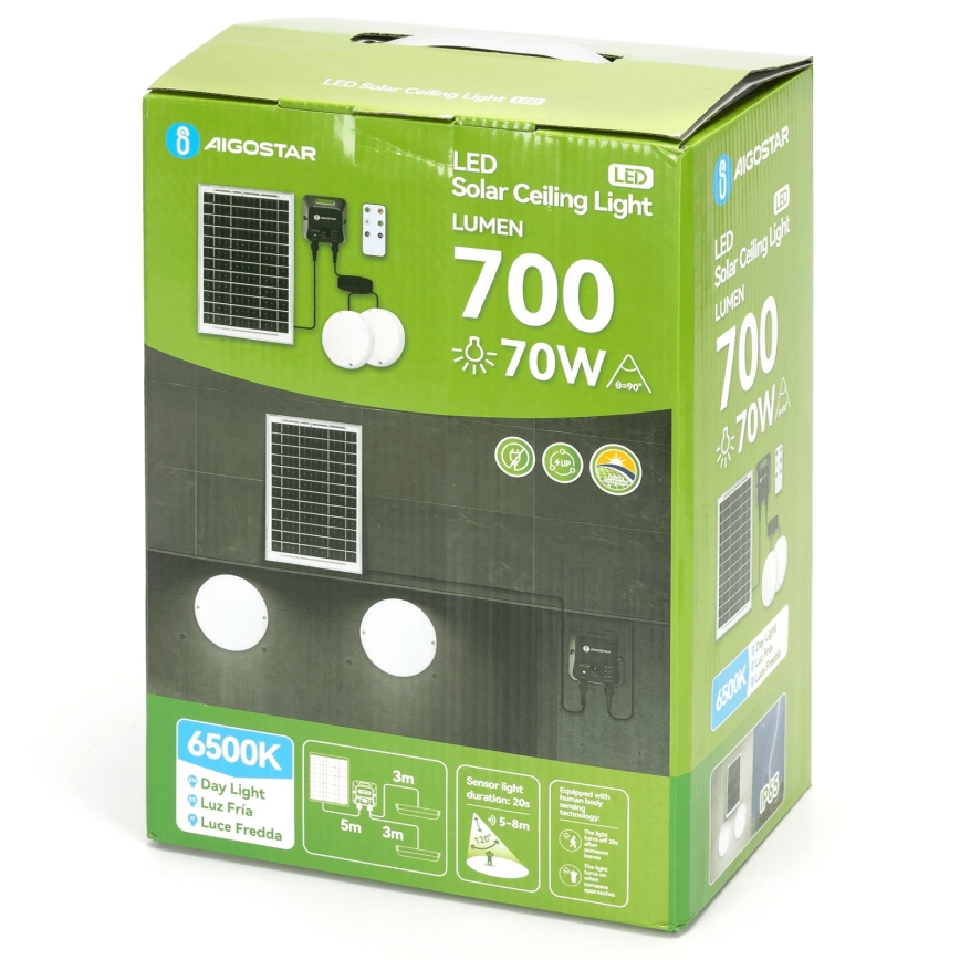 Aigostar - Plafonnier solaire LED avec détecteur de mouvement 2xLED/35W/3,7V 6000 mAh IP65 + télécommande