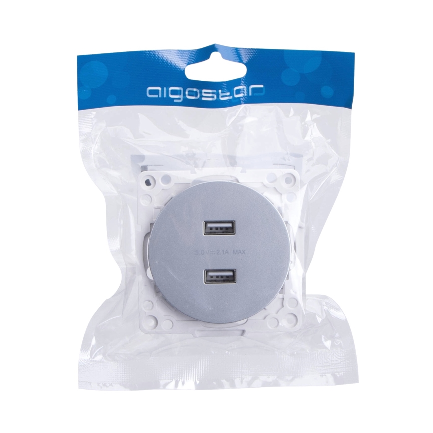 Aigostar - Prise d'alimentation USB sans cadre, 2 ports USB-A, argent