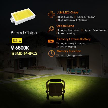 Aigostar - Projecteur à intensité variable rechargeable LED/100W/5V 6500K IP65 15000 mAh