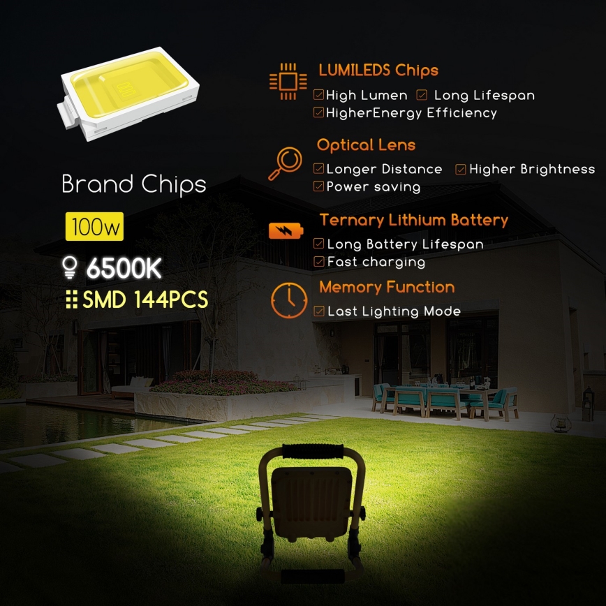 Aigostar - Projecteur à intensité variable rechargeable LED/100W/5V 6500K IP65 15000 mAh
