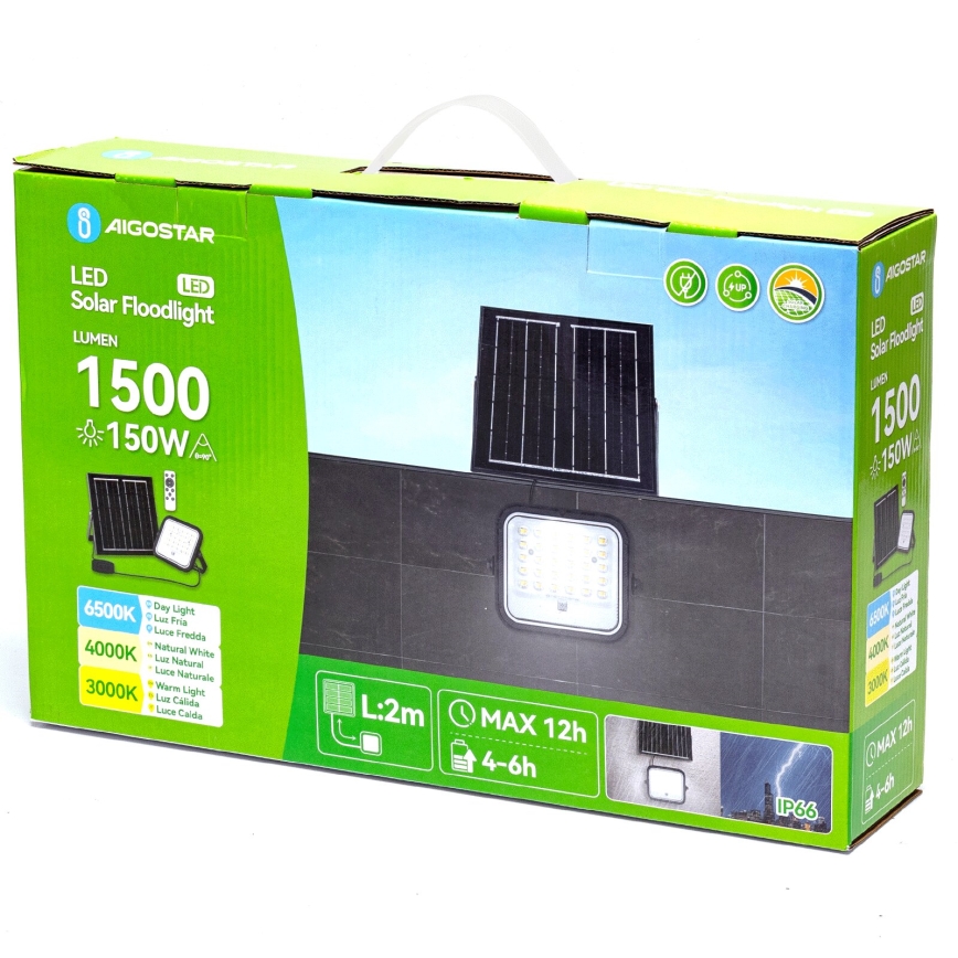 Aigostar - Projecteur solaire à intensité variable LED/150W/3,4V 3000/4000/6500K IP66 + Télécommande