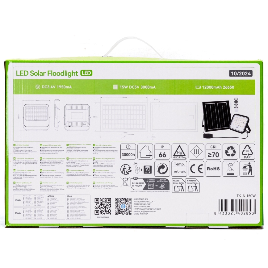 Aigostar - Projecteur solaire à intensité variable LED/150W/3,4V 3000/4000/6500K IP66 + Télécommande