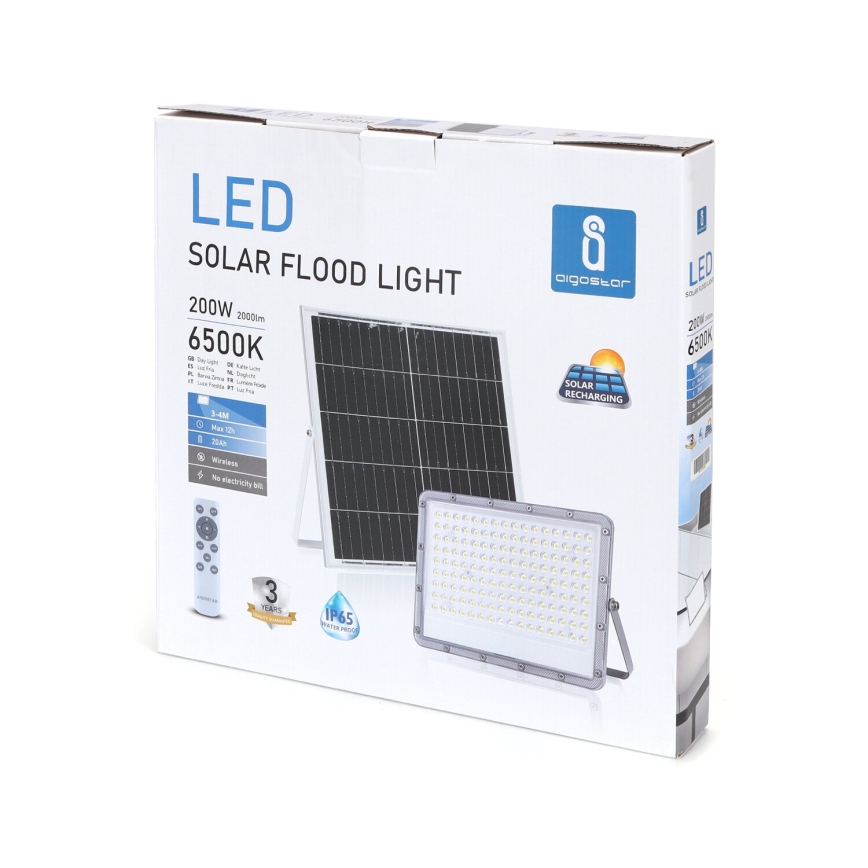 Aigostar - Projecteur solaire à intensité variable LED/200W/3,4V IP65 + Télécommande
