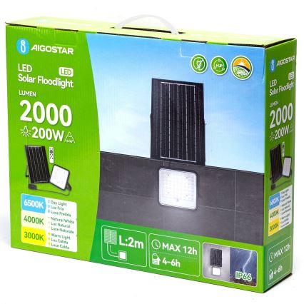 Aigostar - Projecteur solaire à intensité variable LED/200W/3,4V 3000/4000/6500K IP66 + Télécommande