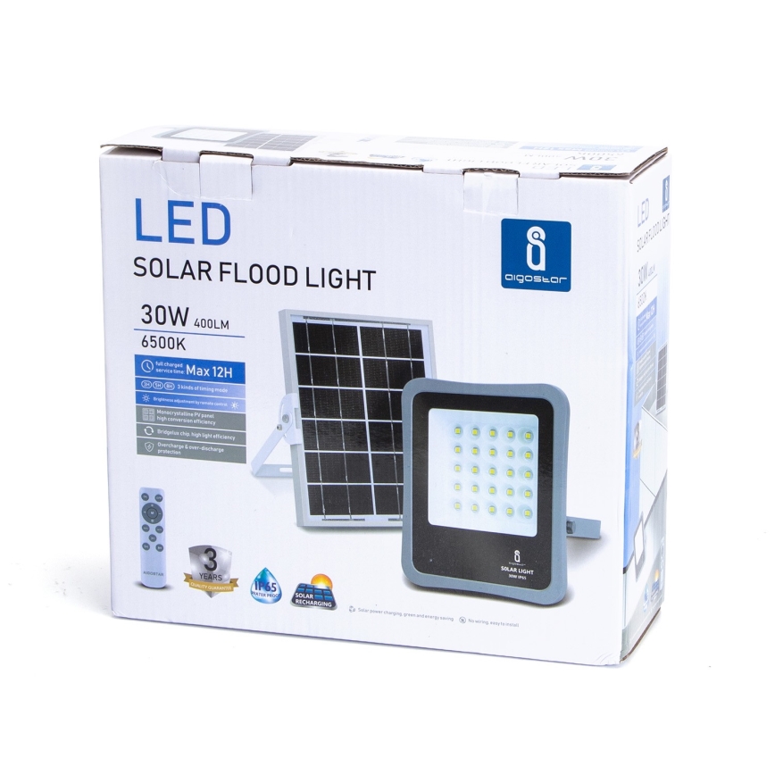 Aigostar - Projecteur solaire à intensité variable LED/30W/3,2V 20000 mAh IP67 + Télécommande