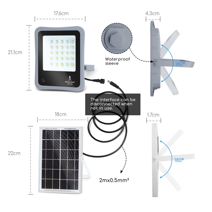Aigostar - Projecteur solaire à intensité variable LED/30W/3,2V 20000 mAh IP67 + Télécommande
