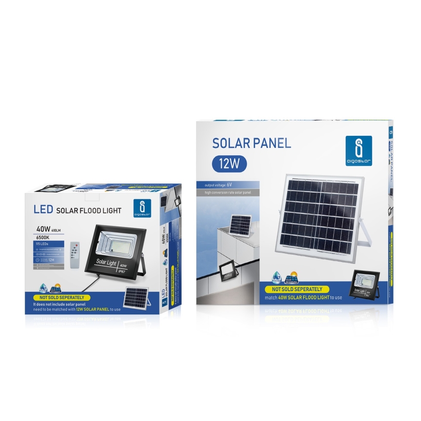 Aigostar - Projecteur solaire à intensité variable LED/40W/3,2V IP67 2000 mAh + Télécommande
