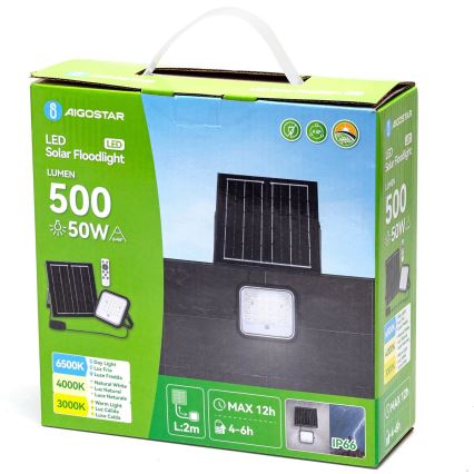 Aigostar - Projecteur solaire à intensité variable LED/50W/3,4V 3000/4000/6500K IP66 + Télécommande