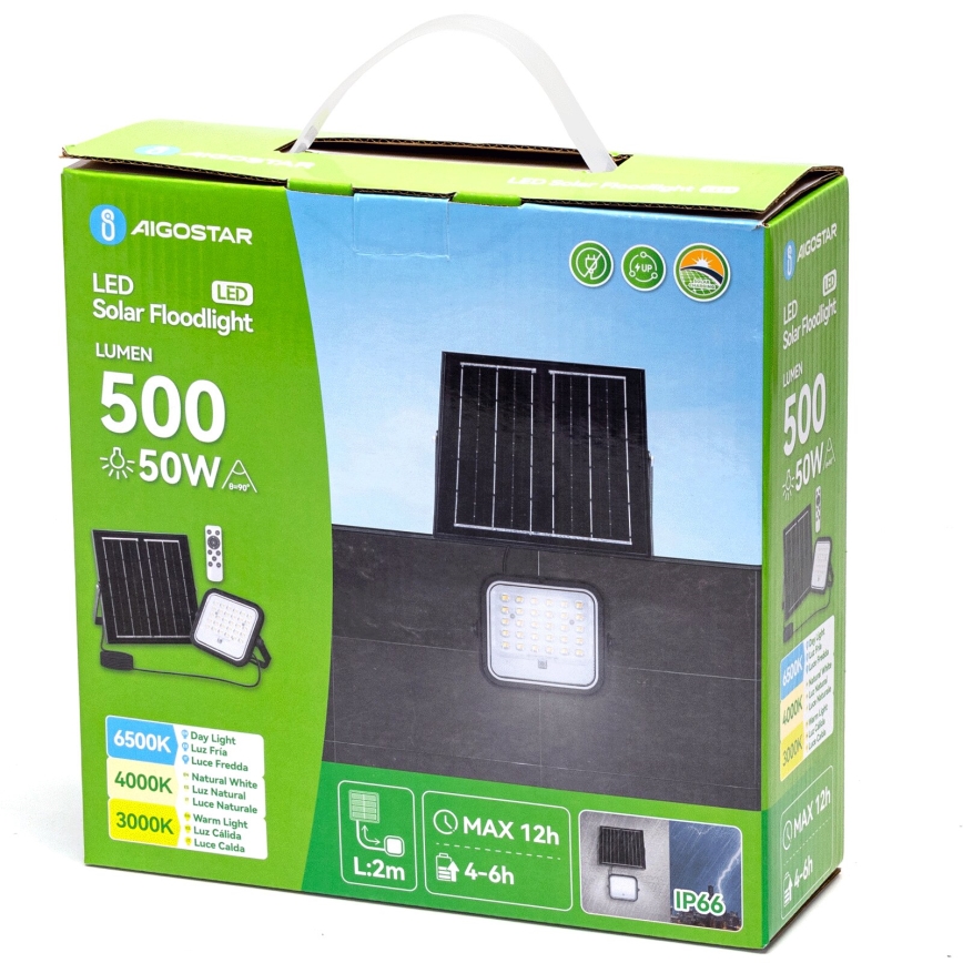 Aigostar - Projecteur solaire à intensité variable LED/50W/3,4V 3000/4000/6500K IP66 + Télécommande