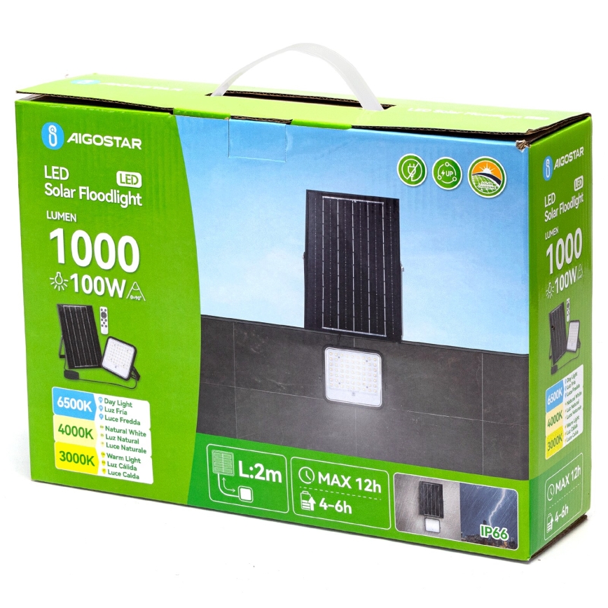 Aigostar - Projecteur solaire LED dimmable/100W/3,4V 3000/4000/6500K IP66 8000 mAh + télécommande