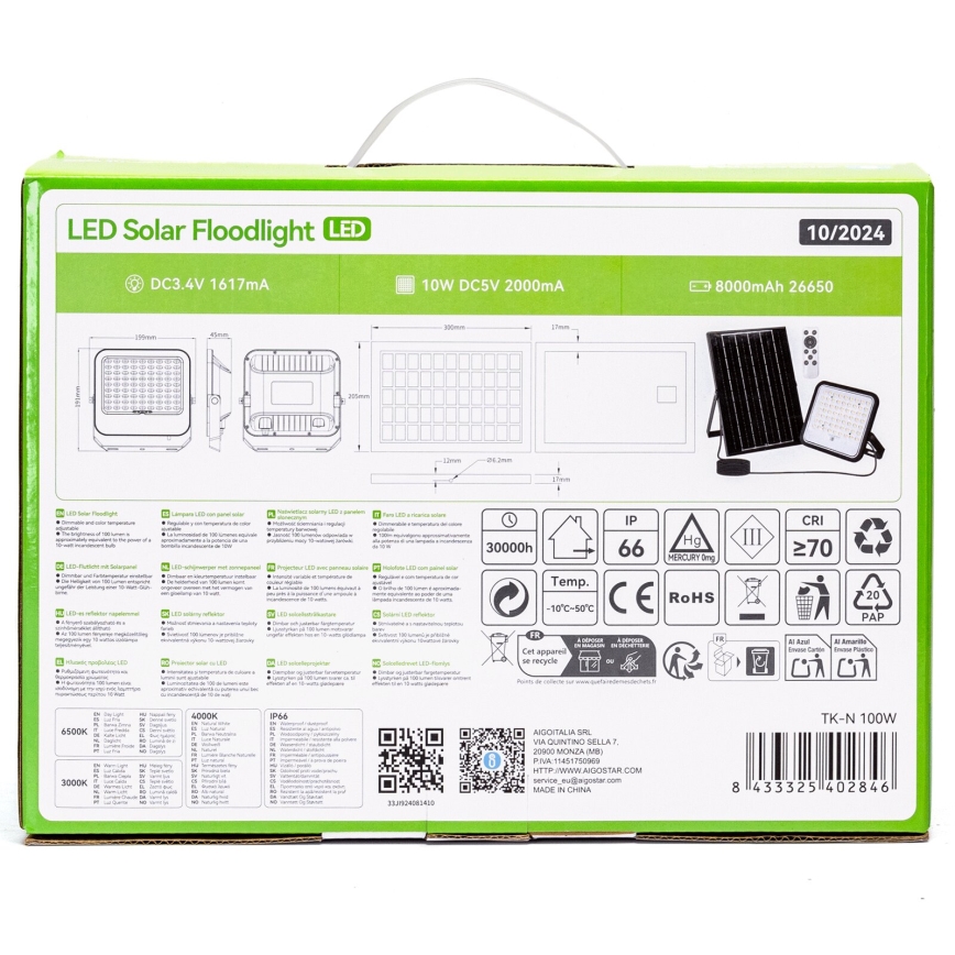 Aigostar - Projecteur solaire LED dimmable/100W/3,4V 3000/4000/6500K IP66 8000 mAh + télécommande