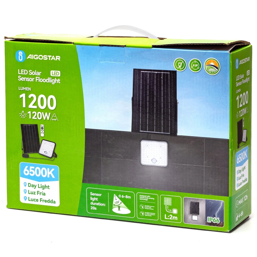 Aigostar - Projecteur solaire LED dimmable avec capteur LED/120W/3,4V 6500K IP66 8000 mAh + télécommande