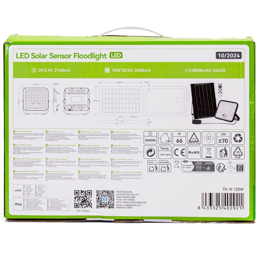 Aigostar - Projecteur solaire LED dimmable avec capteur LED/120W/3,4V 6500K IP66 8000 mAh + télécommande