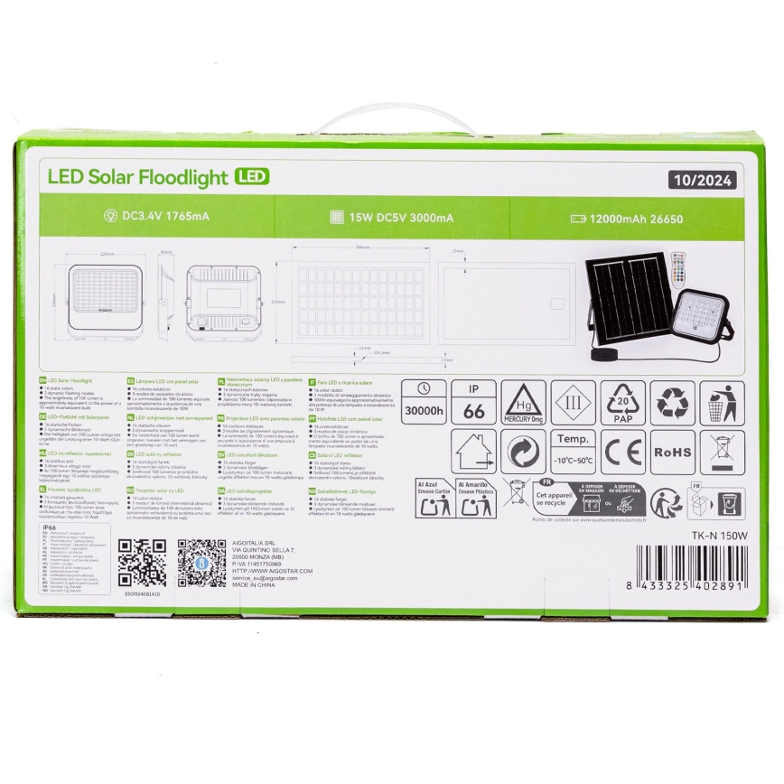 Aigostar - Projecteur solaire RGBW à intensité variable LED/150W/3,4V IP66 + Télécommande
