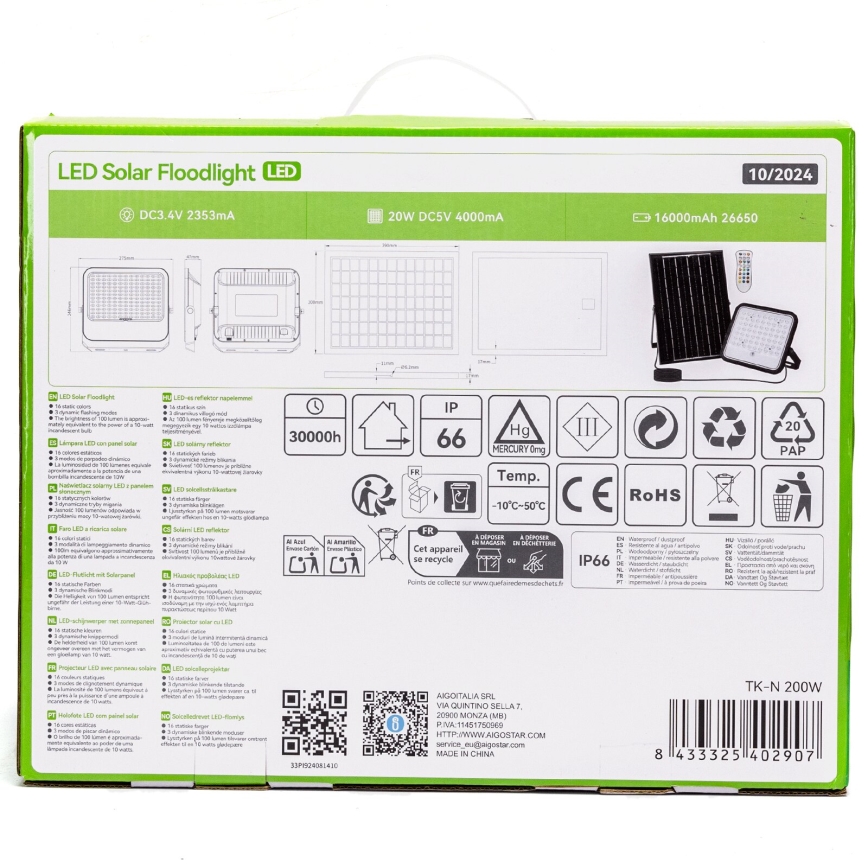 Aigostar - Projecteur solaire RGBW à intensité variable LED/200W/3,4V IP66 + Télécommande