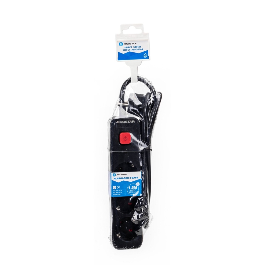 Aigostar - Rallonge avec interrupteur 3Z Type F 1,5m noir