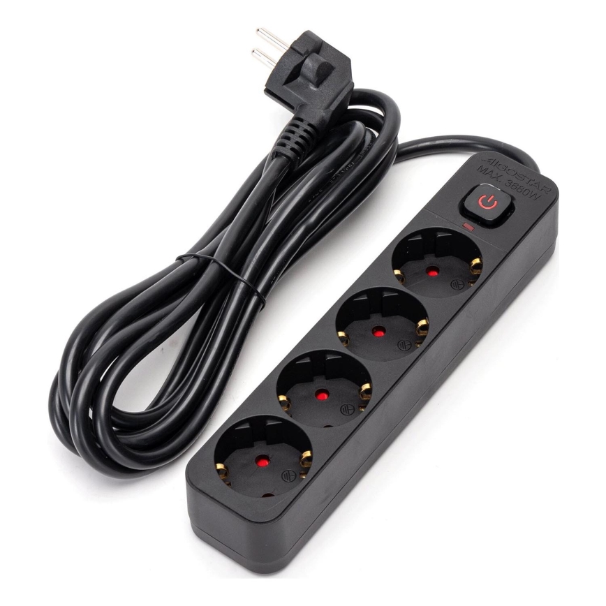 Aigostar - Rallonge avec interrupteur 4Z Type F 3m SCHUKO noir