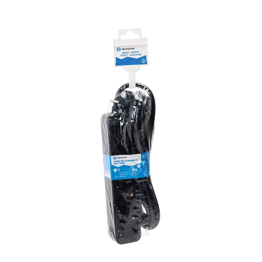 Aigostar - Rallonge avec interrupteur 4Z Type F 3m SCHUKO noir