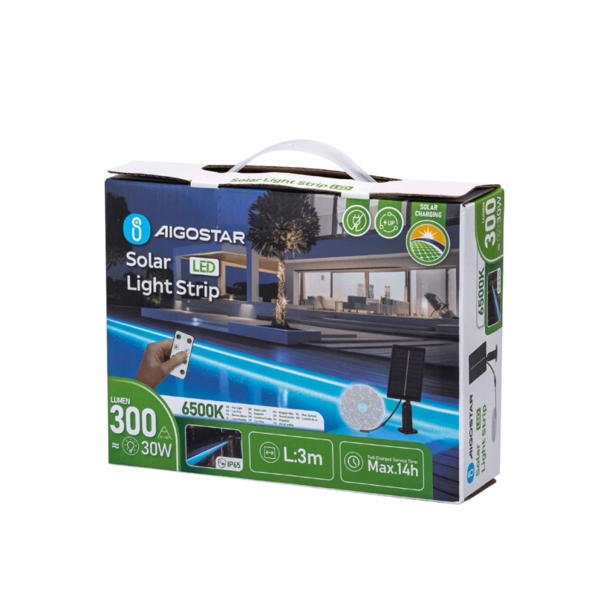 Aigostar - Ruban solaire à intensité variable LED/1,6W/3,2V 3 m 1600 mAh 6500K IP65 + Télécommande