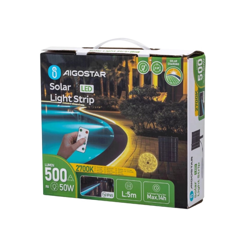 Aigostar - Ruban solaire à intensité variable LED/5W/3,2V 5 m 2700K IP65 4000 mAh + Télécommande