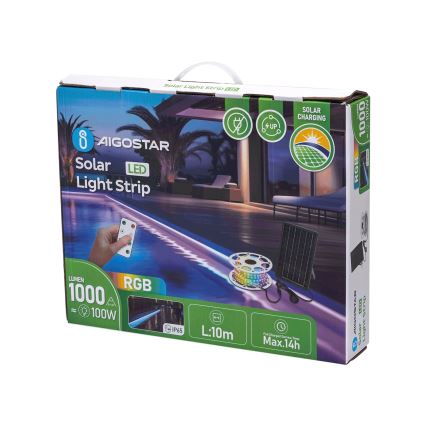 Aigostar - Ruban solaire RGB à intensité variable LED/10W/3,2V 10 m IP65 8000 mAh + Télécommande