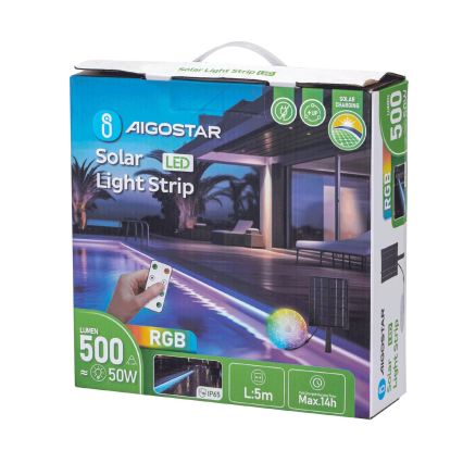 Aigostar - Ruban solaire RGB à intensité variable LED/5W/3,2V 5+2m IP65 4000 mAh + Télécommande