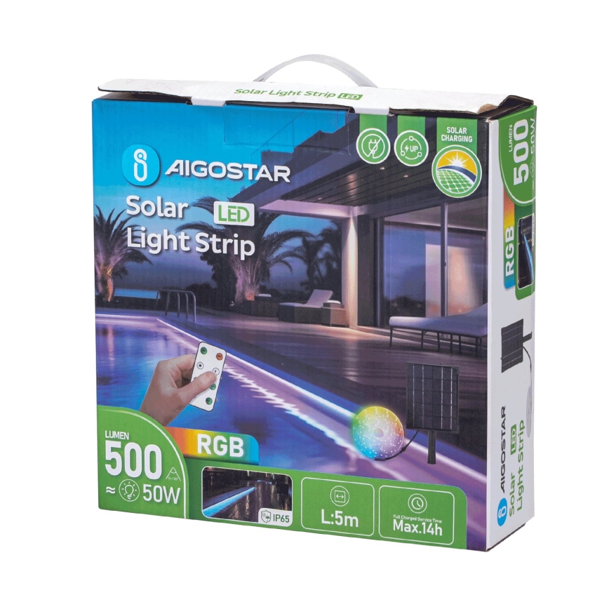 Aigostar - Ruban solaire RGB à intensité variable LED/5W/3,2V 5+2m IP65 4000 mAh + Télécommande