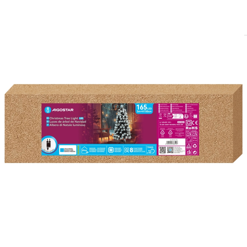 Aigostar - LED Sapin de Noël extérieur 165xLED/8 fonctions 1,5 m IP44 blanc froid
