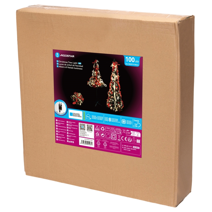 Aigostar - Sapin de Noël LED d'extérieur 100 LED 1,5 m IP44 rouge et blanc froid