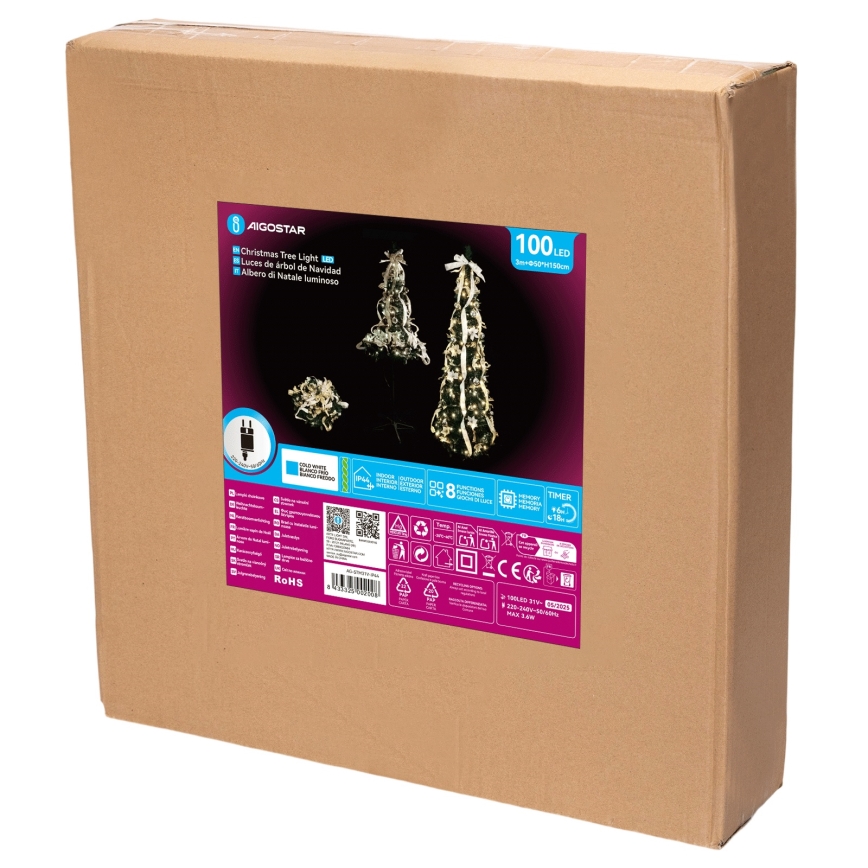 Aigostar - Sapin de Noël LED d'extérieur, 100 LED, 1,5 m, IP44, blanc/doré, lumière blanche froide