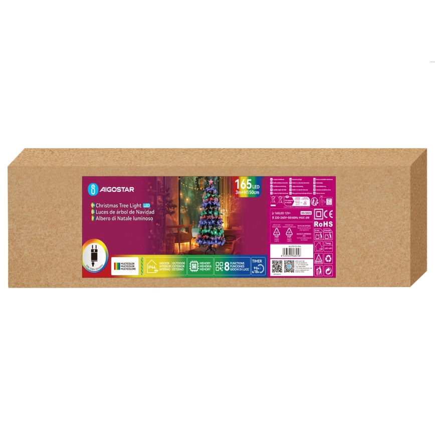 Aigostar - Sapin de Noël LED d'extérieur 165 LED / 8 fonctions, 1,5 m, IP44, multicolore