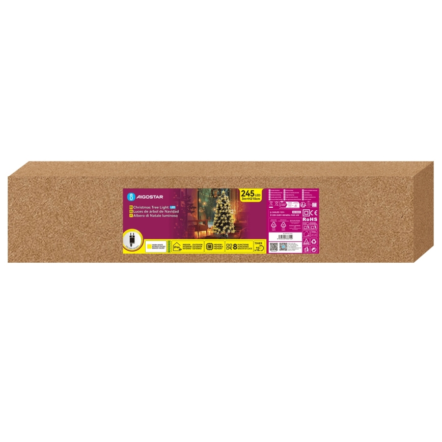 Aigostar - Sapin de Noël LED pour l'extérieur 245 LED/8 fonctions 2,1 m IP44 blanc chaud