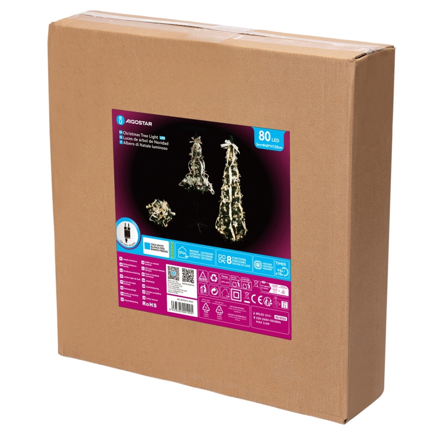 Aigostar - Sapin de Noël LED d'extérieur, 80 LED, 1,2 m, IP44, blanc/or, blanc froid