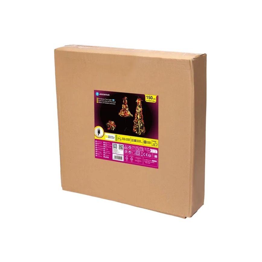 Aigostar - Sapin de Noël LED d'extérieur 150xLED 1,8m IP44 rouge/doré blanc chaud