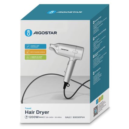 Aigostar - Sèche-cheveux de voyage 1200W/230V argent