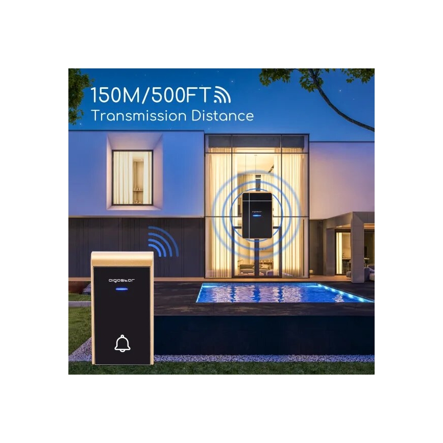 Aigostar - Sonnette sans fil 3xAA/12V IP44 noir/cuivre