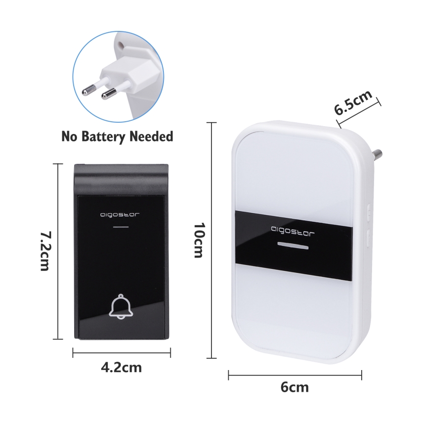 Aigostar - Sonnette sans fil à brancher 230V/12V IP44 blanc/noir