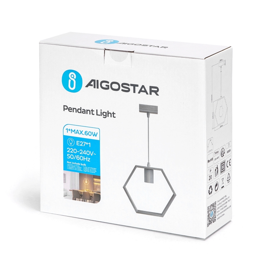 Aigostar - Suspension LED en bois sur câble, 1 x E27, 9 W, 230 V, 2200 K, pin