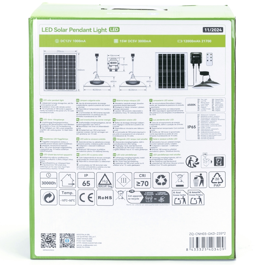 Aigostar - Suspension solaire 2xLED/70W/12V 12000 mAh 6500K d. 23,5 cm + Télécommande